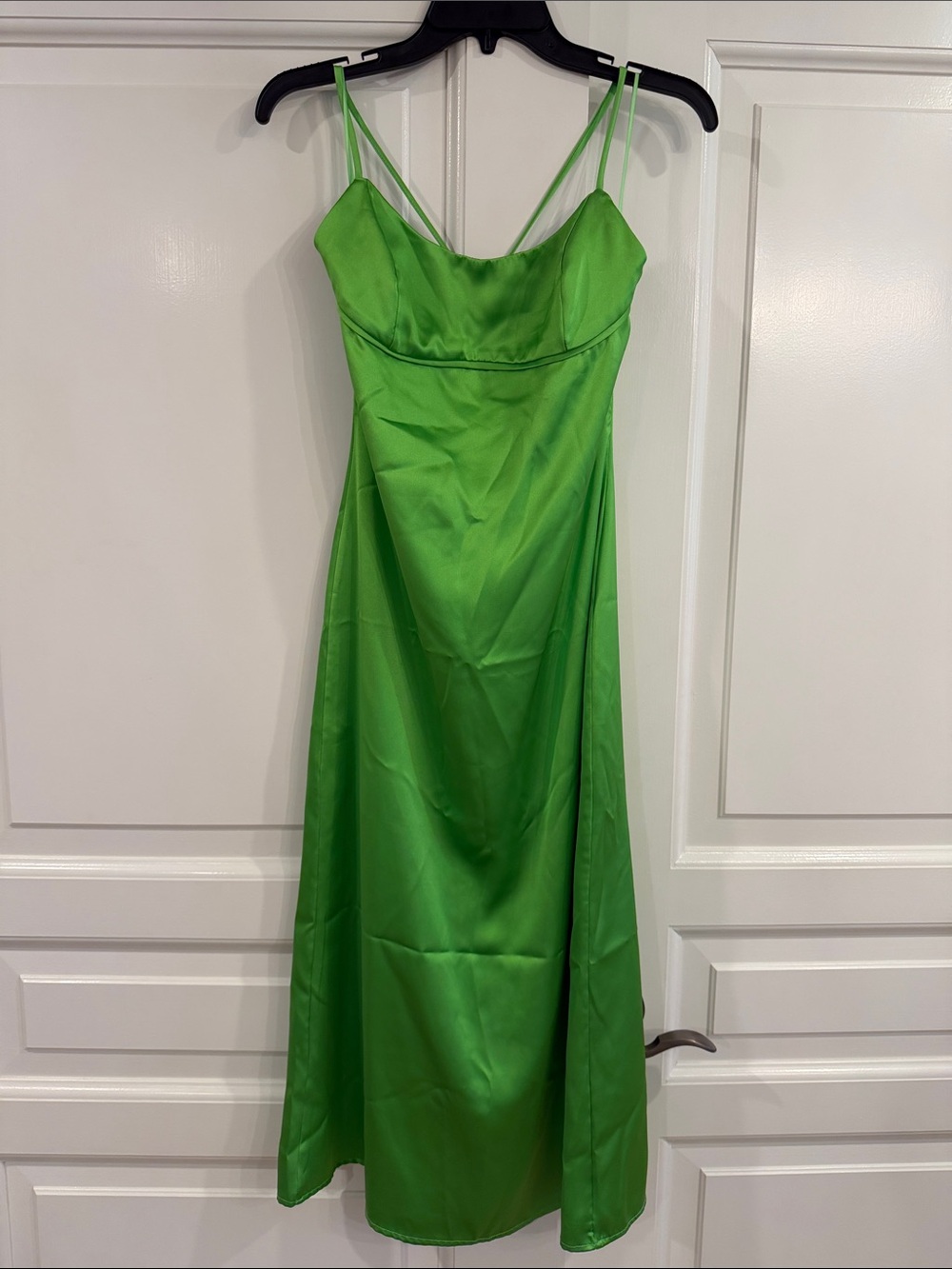 Lena Bright Green Satin Midi Slip Dress with Double Spaghetti Straps